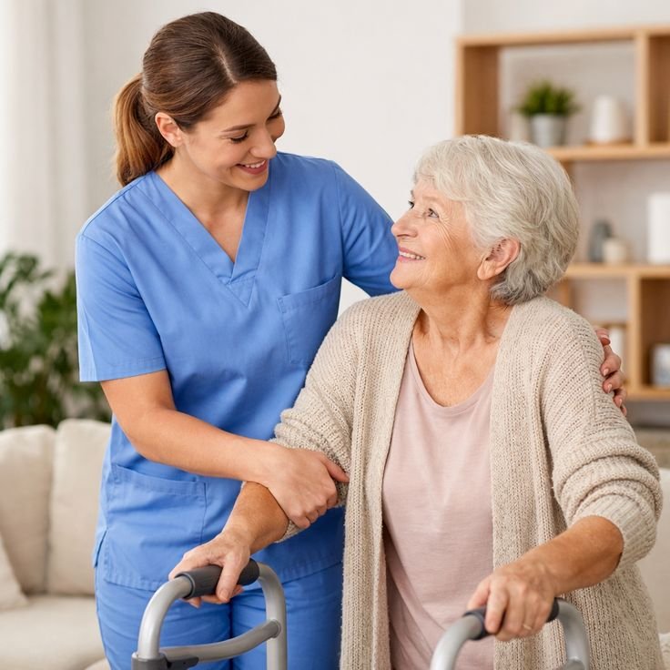 Home nursing caregiver assisting a patient