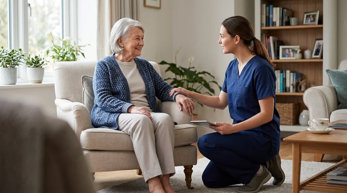 Home nursing attendant assisting a patient at home